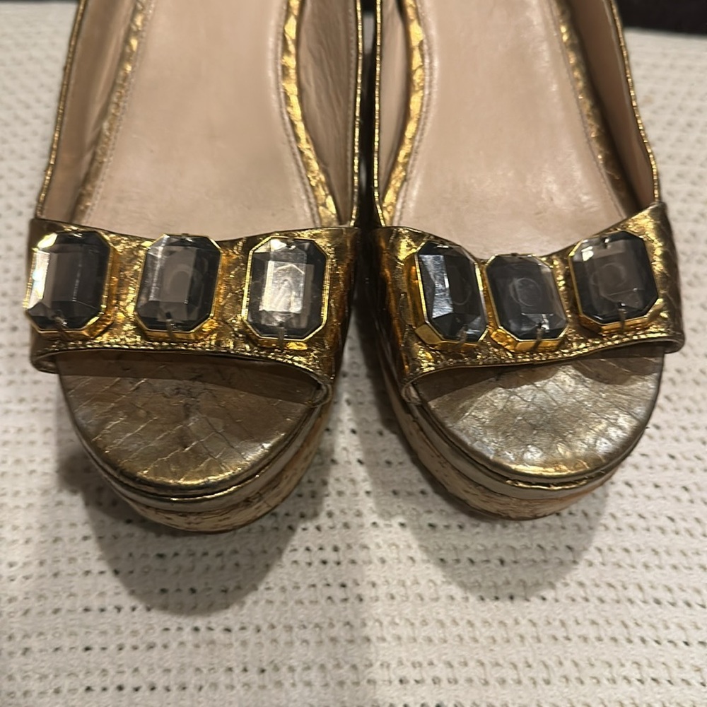 [PRADA] Gold Slingback Wedge Sandals - Picture 7 of 13